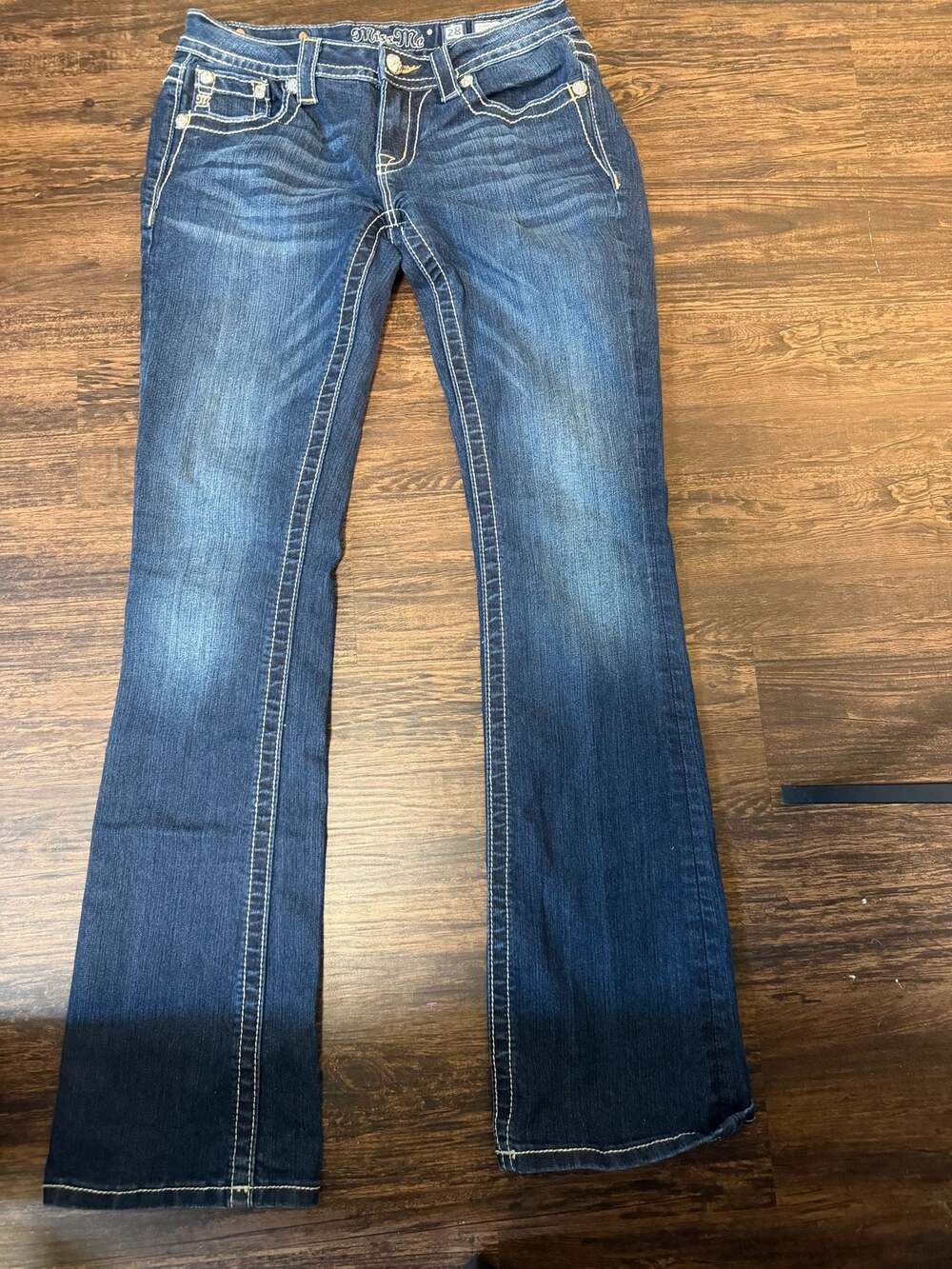 Vintage Miss Me Embellished Bootcut Jeans with Gold Cross Pockets, Size 28